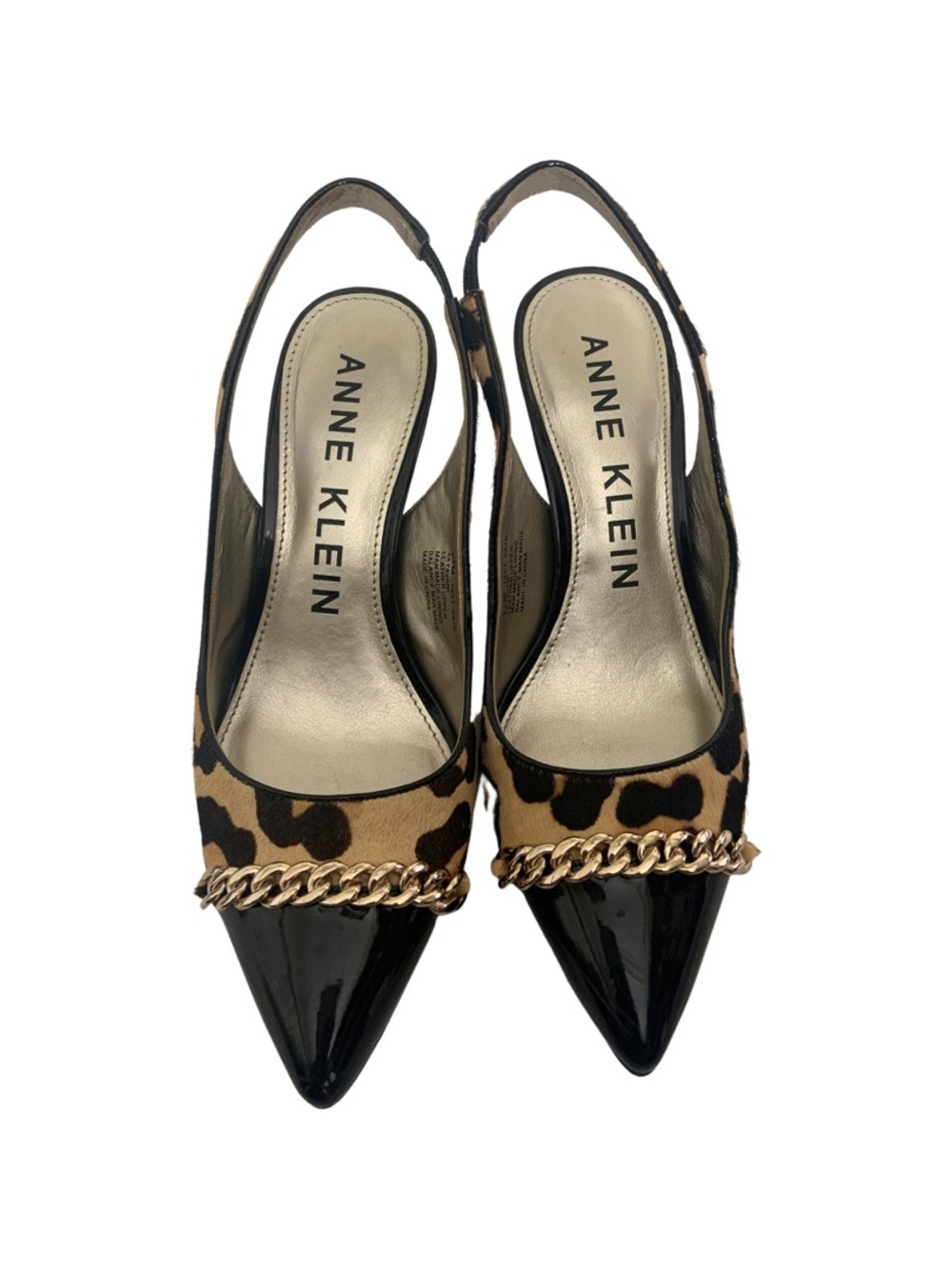 Anne Klein Leopard Slingback Pumps with Black Patent Toes and Gold Chain